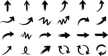 Comprehensive set of various black hand-painted brush stroke arrows in different directions, curves, and zigzag styles, perfect for dynamic direction, annotation, emphasis, and grunge graphic design e