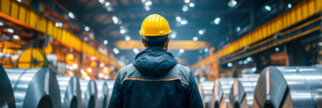 Worker observes operations in a metal processing facility during a busy shift in the evening Generative AI