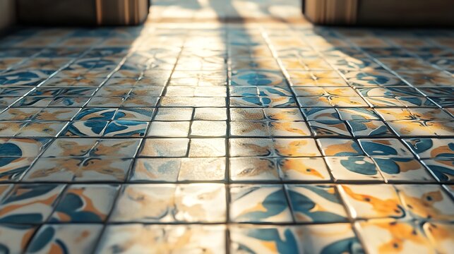 Warm sunlight illuminates a beautifully patterned tiled floor with intricate blue and yellow designs