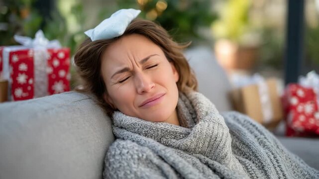 5Woman reclining on sofa, ice pack on forehead, stressed expression, festive decorations and wrapped presents behind, natural sunlight enhancing cozy but tense holiday atmosphere