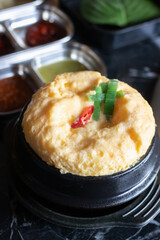 Steamed egg egg custard Korean soup bowl scallion chili breakfast savory foam soft steamed