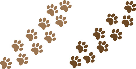 Brown paw prints in two diagonal lines on a plain white background simple design