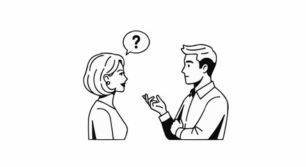 Woman with Question Mark Talking to Man.