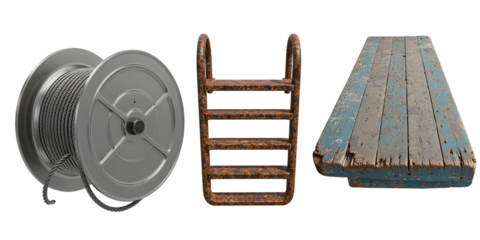 Vintage nautical equipment including rope reel ladder and buoy on black background