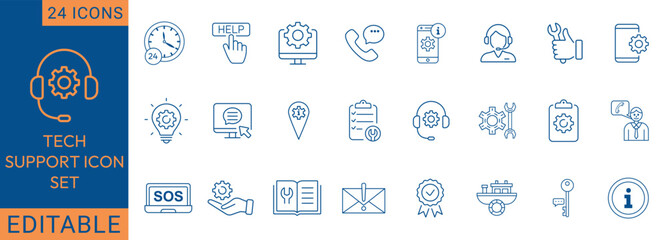 Tech support icon set with headset, settings, chat, tools, call, help, and customer service symbols. Ideal for apps, UI, websites, and IT support designs.