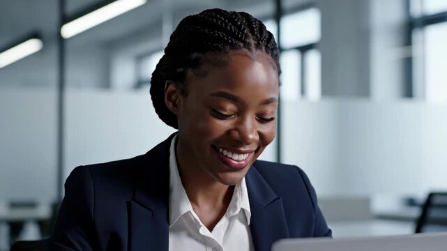 African American woman in office suit transitions from focused expression to joyful smile at computer. Professional business success and happiness in modern workplace. Cinematic closeup of emotional