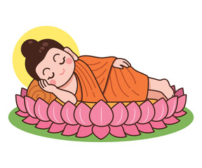 Cute Reclining Buddha on Lotus Cartoon Illustration
