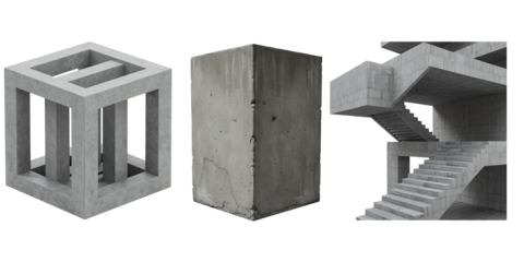 Abstract geometric concrete sculptures on a black background