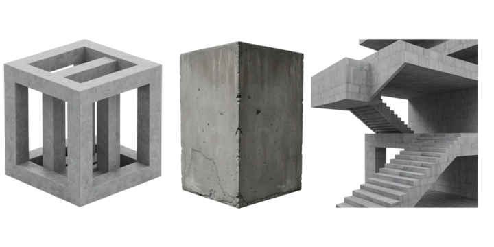 Abstract geometric concrete sculptures on a black background