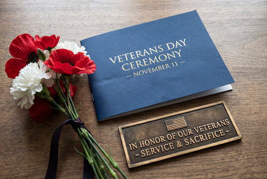Blue Veterans Day ceremony card rests beside a bronze plaque honoring our veterans. A red and white bouquet adds warmth to a scene of gratitude, remembrance, and national pride. - Powered by Adobe