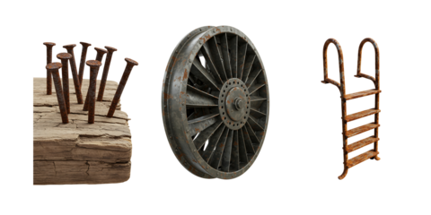 Three distinct objects a pile of nails in wood a metal wheel and a wooden ladder