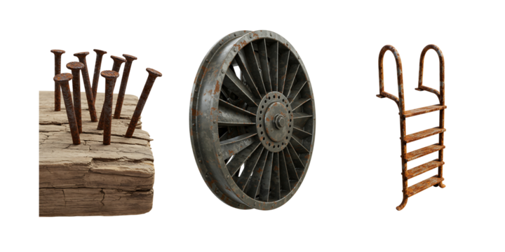 Three distinct objects a pile of nails in wood a metal wheel and a wooden ladder