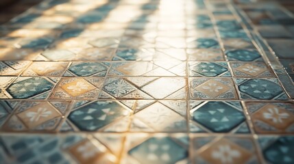 Naklejka premium Textured surface of decorative ceramic tiles with geometric and floral patterns under natural light