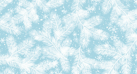 Light blue background with white frosted fir tree branches and delicate snowflakes, creating a serene winter pattern.