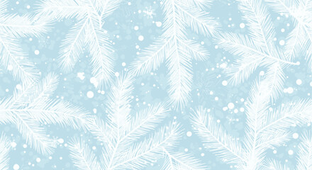 Wintery scene of white fir branches and falling snow against a light blue background.