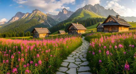mountain landscape with lake and house