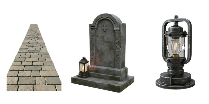 Gothic tombstone stone wall and lantern on black background - Powered by Adobe