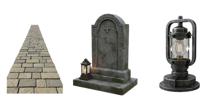 Gothic tombstone stone wall and lantern on black background