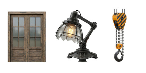 Rustic wooden door industrial lamp and heavy duty crane hook