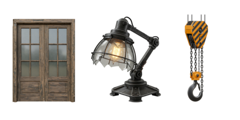Rustic wooden door industrial lamp and heavy duty crane hook