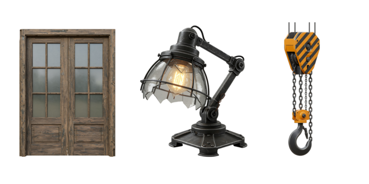 Rustic wooden door industrial lamp and heavy duty crane hook - Powered by Adobe