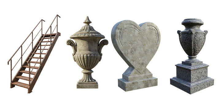 Collection of funerary objects including a ladder urns and a heart shaped gravestone