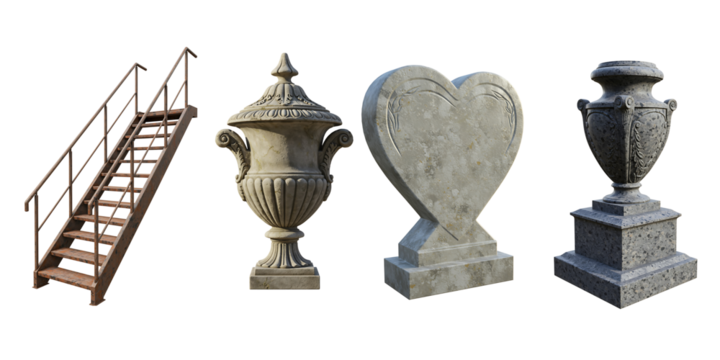 Collection of funerary objects including a ladder urns and a heart shaped gravestone