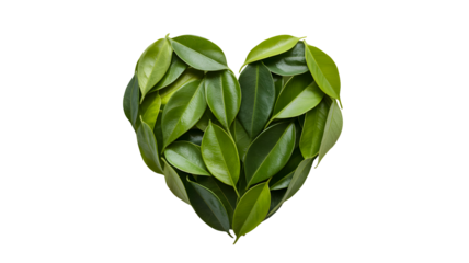Heart shape formed by fresh green leaves on a plain background symbolizing love and nature isolated on transparent background