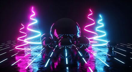 Abstract composition featuring glowing neon lights and metallic spheres.