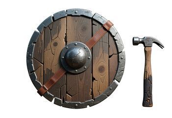 Naklejka premium Medieval Wooden Shield and Rustic Hammer