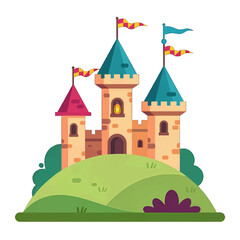 Medieval Castle with Flags on a Hill