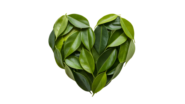 Heart shape formed by fresh green leaves on a plain background symbolizing love and nature isolated on transparent background