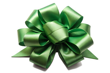 green satin ribbon bow isolated on clean white background, minimal Christmas decoration, soft smooth texture
