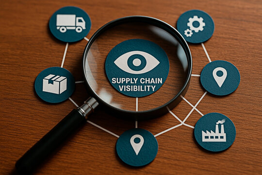 A magnifier focusing on the supply chain for the concept of logistics and business.