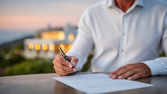 40Person finalizing real estate deal with fountain pen, crisp document lit by orange and pink sunset light, home exterior in the background radiating evening warmth