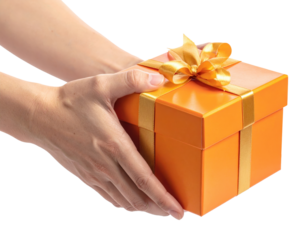 Hands Offering a Bright Orange Gift Box with Golden Ribbon for a Special Celebration