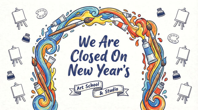 Art school closed on New Year's Day announcement studio, art school, studio, closed, new year's day, announcement, holiday, notice, easel, canvas, paint tube, paintbrush, palette, ink bottle, blue, or