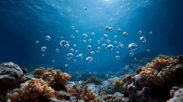 Numerous air bubbles ascend from a vibrant coral reef and rocky seabed in a clear blue underwater ocean scene