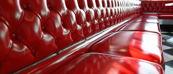 Close-up of glossy red vinyl tufted seating in a classic American diner with checkered floor, evoking vintage 1950s interior design.