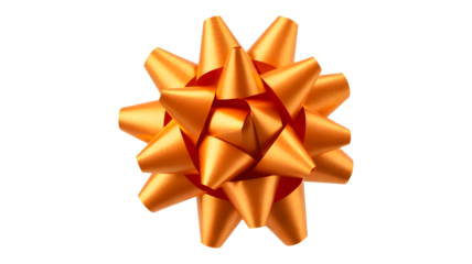 Shiny metallic orange gift bow with many pointed loops for decorating presents and packages isolated on transparent background