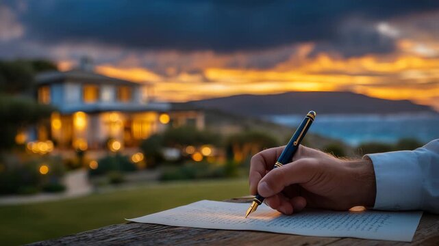 45Close-up artistic capture of a hand signing paper outdoors, fountain pen reflecting sunset hues, blurred home facade and glowing sky evoking sense of completion and peace