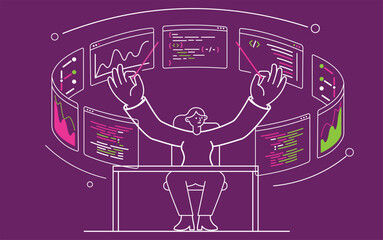 Female programmer orchestrating digital screens of code and data charts like a music conductor, neon line art illustration.
