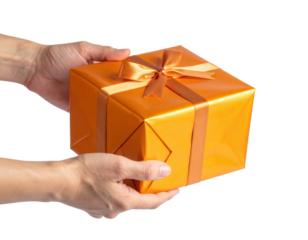 Hands Offering a Bright Orange Gift Box Wrapped with Ribbon for a Celebration or Special Occasion