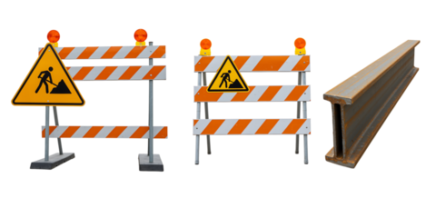 Construction barriers and warning sign on black background