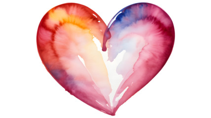 Vibrant watercolor heart with a blend of warm and cool colors symbolizing love and emotion isolated on transparent background