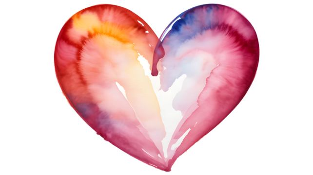 Vibrant watercolor heart with a blend of warm and cool colors symbolizing love and emotion isolated on transparent background