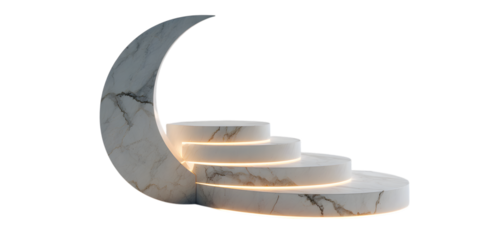 Marble crescent moon and lit steps, isolated on transparent background