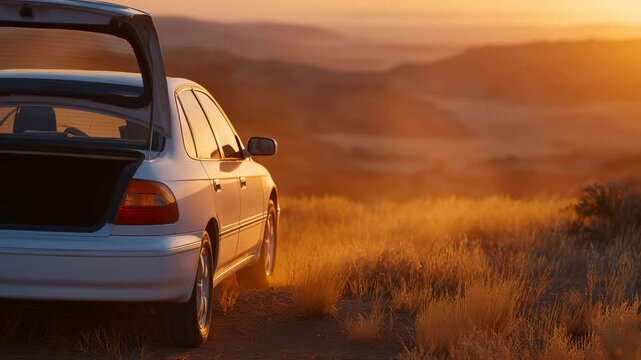53Car trunk open at sunset in a wide, arid landscape, golden sunlight streaming through the rear window, soft dust in the air glowing in the warm light, clean and empty interior refl