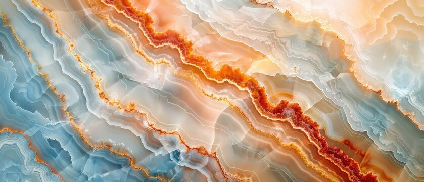 Detailed macro image of natural agate stone showcasing vibrant orange, blue, and white banded mineral layers with crystal texture.