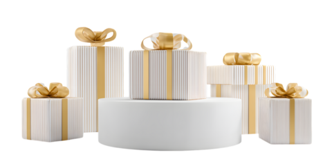 Elegant white and gold striped gift boxes, isolated on transparent background